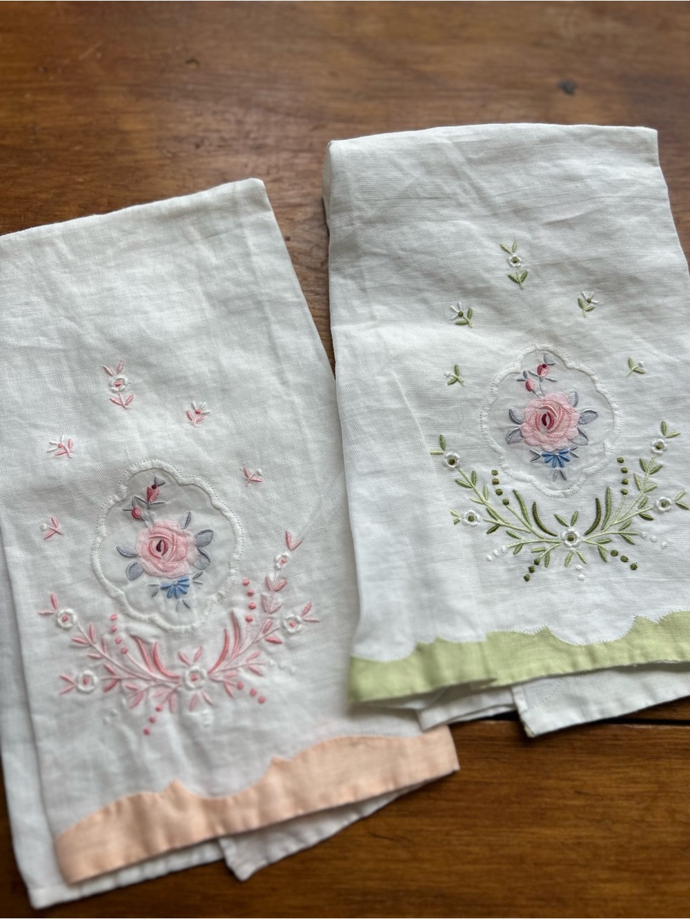 Embroidered Floral Linen Tea Towels - Pink & Green Accents